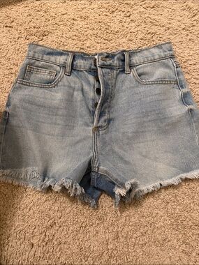 Cello Light Blue Button-Fly Frayed Hem Denim Shorts